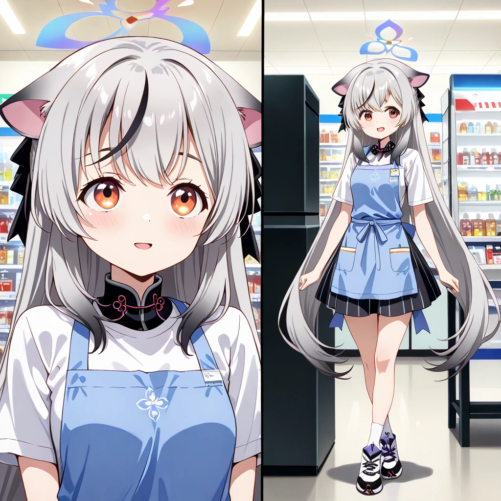 obra maestra, best quality, Highres, only 1 girl , ZzKokona, orange eyes, grey hair, long hair, multicolored hair, animal ears, streaked hair, black hair, halo, very long hair, tiger ears , Blue Apron ,white shirt, skirt, white socks, sneakers , happy expression,pose seated in a futuristic chair with crossed legs, en la mesa registradora, looking directly at the viewer, making strong eye contact, small breasts, close view, close-up portrait, background of futuristic convenience store.