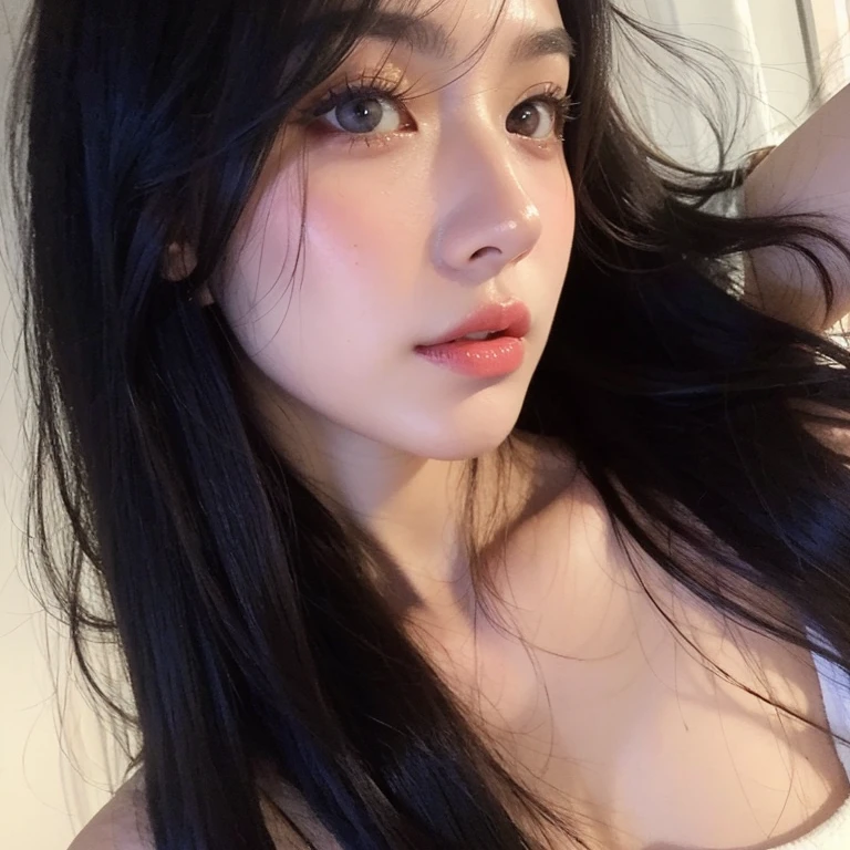 Kim Jennie with black hair, with curlers at the ends, brown eyes, pretty eyes, crying eyes, pretty, upturned nose, watery nose, pretty lips, pink lips, heart and cupid shaped lip, beautiful skin, pale white skin, with moles and freckles all over his face, soft pink blush on cheeks, soft pink makeup, Nice neck, marked collar, tender look, with a kiss necklace, while wearing a medieval corset, corset blanco medieval, bonito corset, while having a slim and beautiful abdomen, while wearing red underwear, tiny red underwear with white medieval corset, sexy (big breasts, soft breasts, beautiful breasts), while doing a sexy pose, selfie, looking to the camera