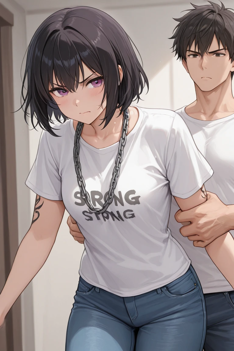 source_anime, rating_explicit, score_9, score_8_up, score_7_up, black_hair, goth, gothic, short_hair, looking at viewer, crop top, skirt, thighhighs, black clotges, goth girl, ikuchan, 2boys, mmf, standing side by side, faceless male, ), muscular male, ((size difference)), clothed, gyaru fashion, breast grab, cuckold pov, ((netorare)), ((ntr)), cuck, cuckolding, ((light skinned male)), ((cuck)), ((bleached)), ((wmaf)), white male Asian female, indoors