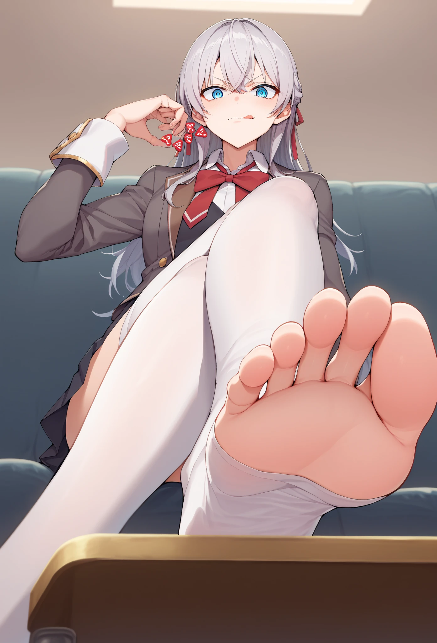 1girl,Asagi Mutsuki,white hair,red eyes,,tareme eyes,Yandere,sitting on bed,2legs,legs focus,hands on thigh, x-shape hairbands,from below,half-closed eyes,jitome,blush,sweating,bare feet,2feet,feet,(five toes1.5),soles of feet,feet focus,sweating,bare feet,troll,Side-pony,Asymmetrical sideburns