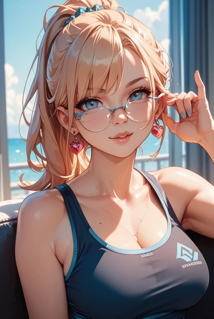 young woman, corte de cabelo de riley nixon, blonde hair, cabelos muito curtos, em breve, camiseta tanque branco camisa, tatuagem da lua vermelha, tattooed right arm, wearing glasses, blonde hair, corte de cabelo de riley nixon, Batom Preto, piercings no rosto, in a skyscraper, Looking at the Viewer, Cidade da tempestade, 4k