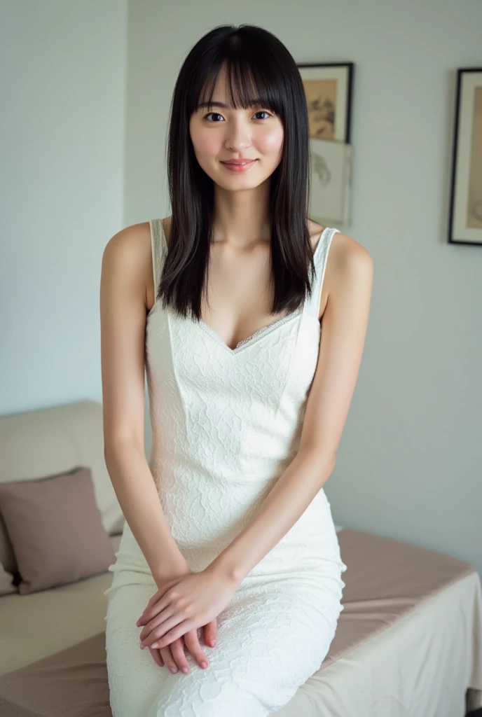 ((1girl)), woman, masterpiece, best quality, highest quality, cinematic lighting, (volumetric lighting), extremely detailed CG unity 8k wallpaper, focused, 8k wallpaper, extremely detailed, ultra realistic, photorealistic, sharp focus, absurdres, (HDR:1.2), (high contrast), photograph, detailed and intricate, instagram, portrait, highly detailed, digital painting, artstation, concept art, smooth, sharp focus, illustration, cinematic lighting, (big breast:1.2), ((skinny, slim legs)), (white dress, open shoulder), looking at the viewer, ((Medium body shot, hip level shot)), long hair, ((sitting on a chair and crossed thighs))