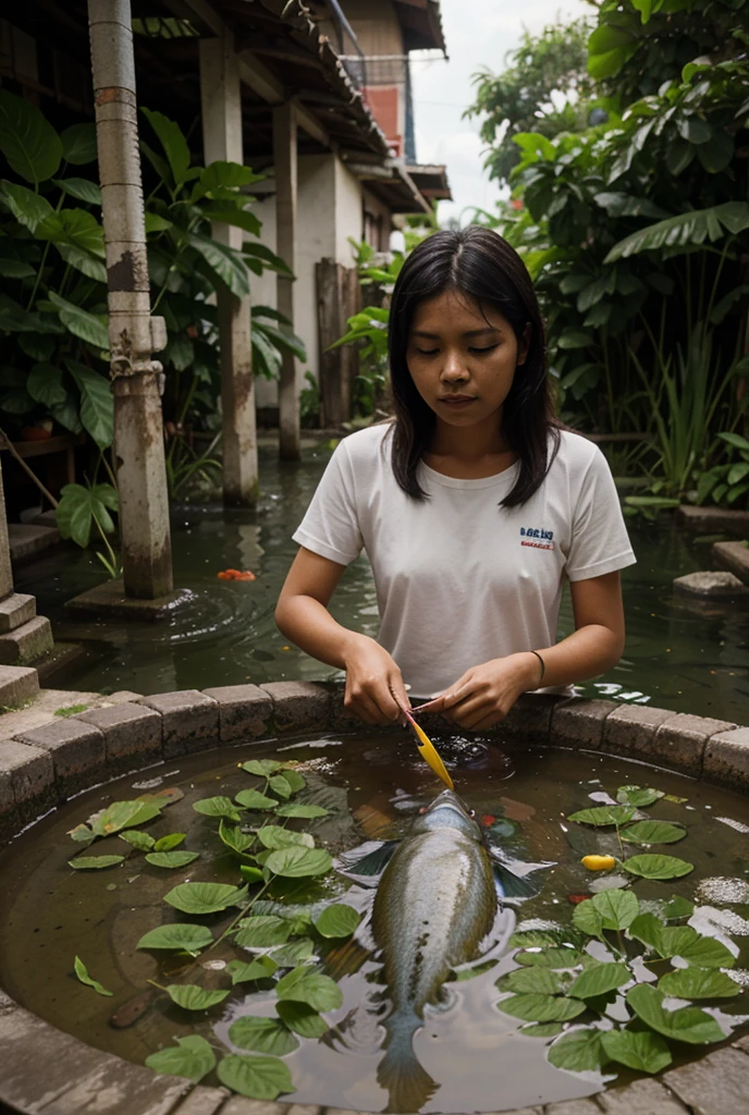 create an image, of a girl with short black hair playing with flowers and fish, something magical and deep, with a semi realistic style, high quality 