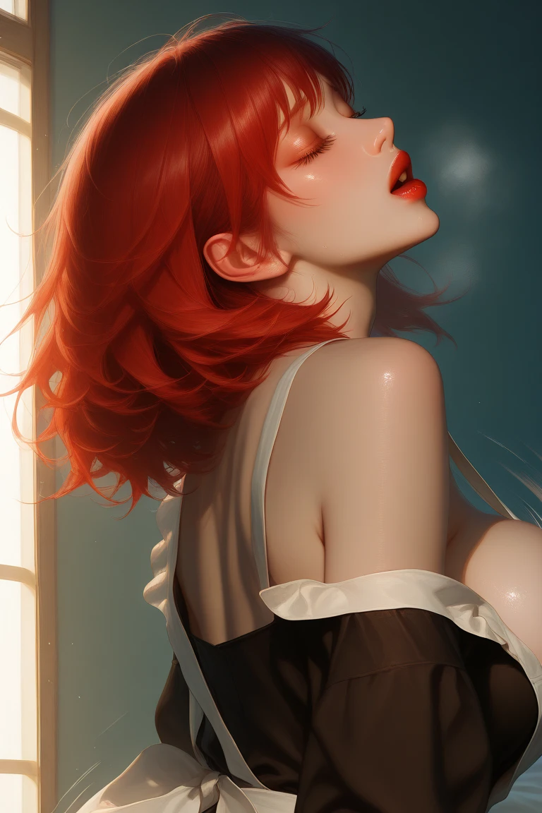 Nude beauty lies belly down on purple velvet, orange hair, white ceramics around, ass, Back