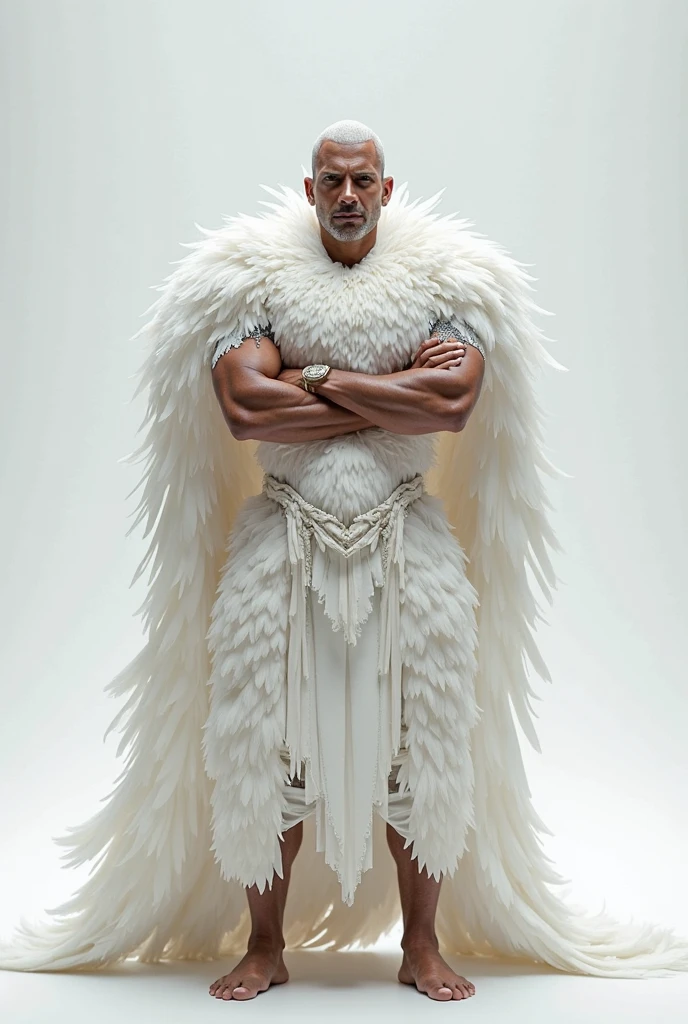 Hyperrealistic image of a gray-haired Indian superhero burlesque dancer with two huge symmetrical swan wings very old and very sweaty bodybuilder over 80 years old very muscular and fat more than 200 kilos with a naked torso large and flaccid pectorals brown nipples and large gray mustaches with Huge tattooed arms dressed in lace white lingerie on a burlesque stage 