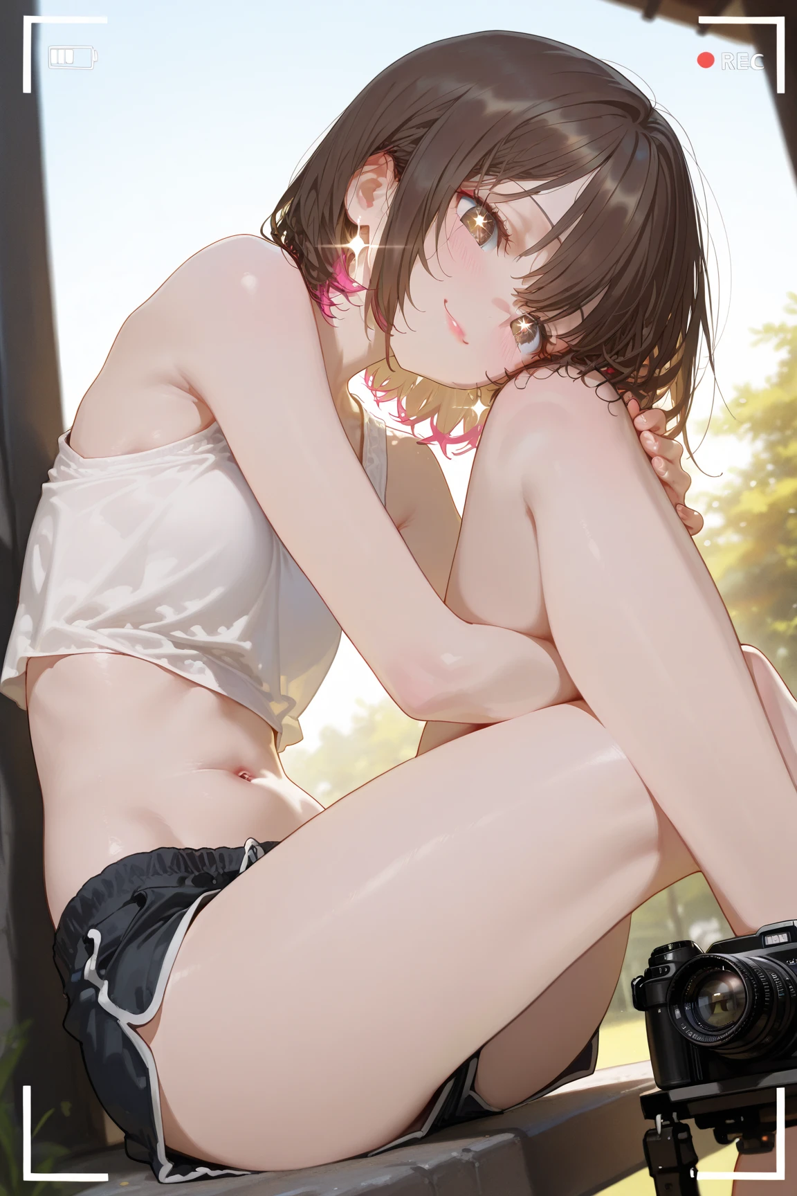 (Very detailed,masterpiece, highest quality:1.2), (High resolution, 8k RAW photo, Realistic, Clear focus), (Natural light, Fabric Shading), throw, Mature Woman, 26 years old, (Mature Woman:1.5), ((topless:1.8,Nipples,Side Ponytail)),sexy, lay hands on others&#39;cheek, smile, Light brown hair, Medium Long Hair, Hair above one eye, Asymmetrical Hair, Half Up Hair, Wavy Hair, Brown eyes, sit,Beautiful Eyes,fine grain,Detailed face,Written boundary depth, Bokeh, (Correct Anatomy, Ideal body type,Correct toes,), (((I can see your panties,Please lift your skirt,((Black rabbit ears、Check skirt、garter belt,))),I can see her panties,Spread your legs,garden, (Look Down:1.2),From directly below,View your viewers