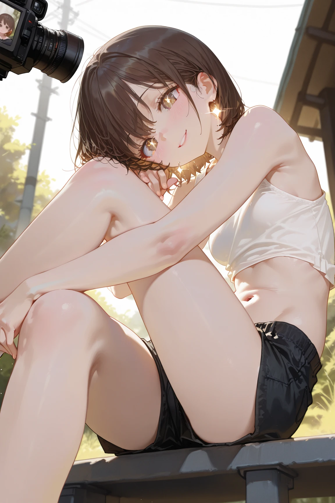 Exquisite, slender, delicate girl of 16 years old with a perfect gentle face of the southern type (with short dark burgundy hair) with freckles (with ruby earring) in the rays of the rising sun, naked with tender bare breasts with pink swollen nipples ((barefoot)) ((in an unbuttoned open burgundy shirt over a naked body and in small burgundy panties)) (on the veranda in the garden) Drinks (coffee) and looks at the flowers, in watercolor style, subdued dark shades, Flares, (imitation of film photography), against the sun, a lot of sun glare, light fills the frame, olive and grape groves, strong wind, Brick Road, high image quality, Maximum detail, sunset lighting, evening shades, (warm golden and olive sunset light), (thunderous shades, purple and dark shades), big space eyes, olive and grape groves, Brick Road, ((brick house, coffee, coffeeйные чашки, coffeeйник)), ((Pouring rain, rain jets, puddles, девушка бежит barefoot под дождём, purple ink sky))