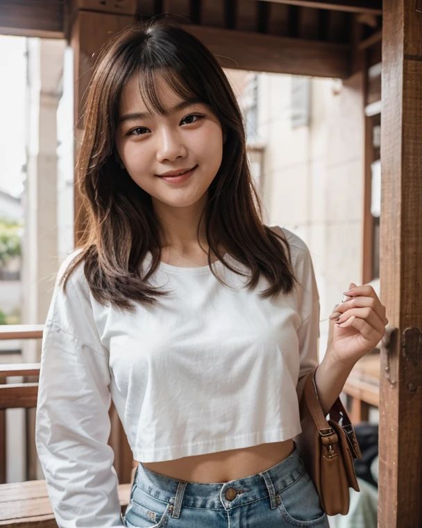 Portrait korean Girl look at camera, long bangs hair,shirt,skirt,large breasts,pose,bokeh,smile, bathed in warm sunlight, analog film photo, Kodachrome,full body,standing