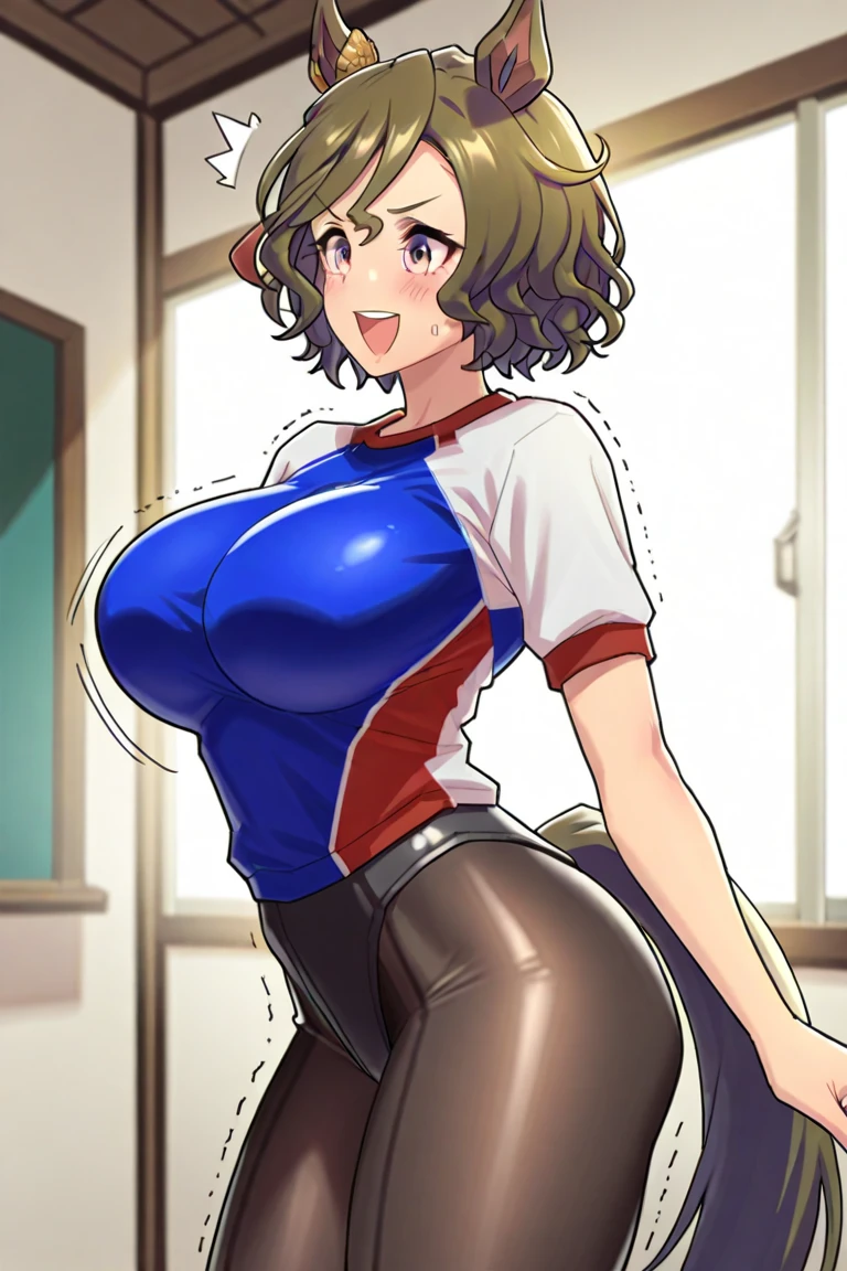 high quality, best quality, beautiful, perfect lighting, detailed face, mature face, ((1girl)), ((solo)), Imagine Ochaco Uraraka as an adult, 45 years old, MILF, plus sized milf, short brown hair, brown eyes, ((blush)), smile, looking at viewer, black leather pants, dark blue shirt, white belt, white heels, ((medium breasts)), wide hips, thick thighs, chubby, love handles, muffin-top, round belly, protruding gut, living room, hands on hips,