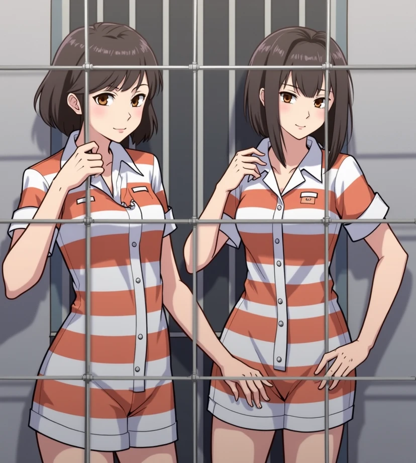 mugshot, view the viewer, Huge breast, prisoner, prison girl, jailed, prisoned, black and white stripes prison jumpsuit, prison uniform, Handcuffed, Restrained, shackle, domina, jail cell, lock, arrested, handcuffs, long black hair