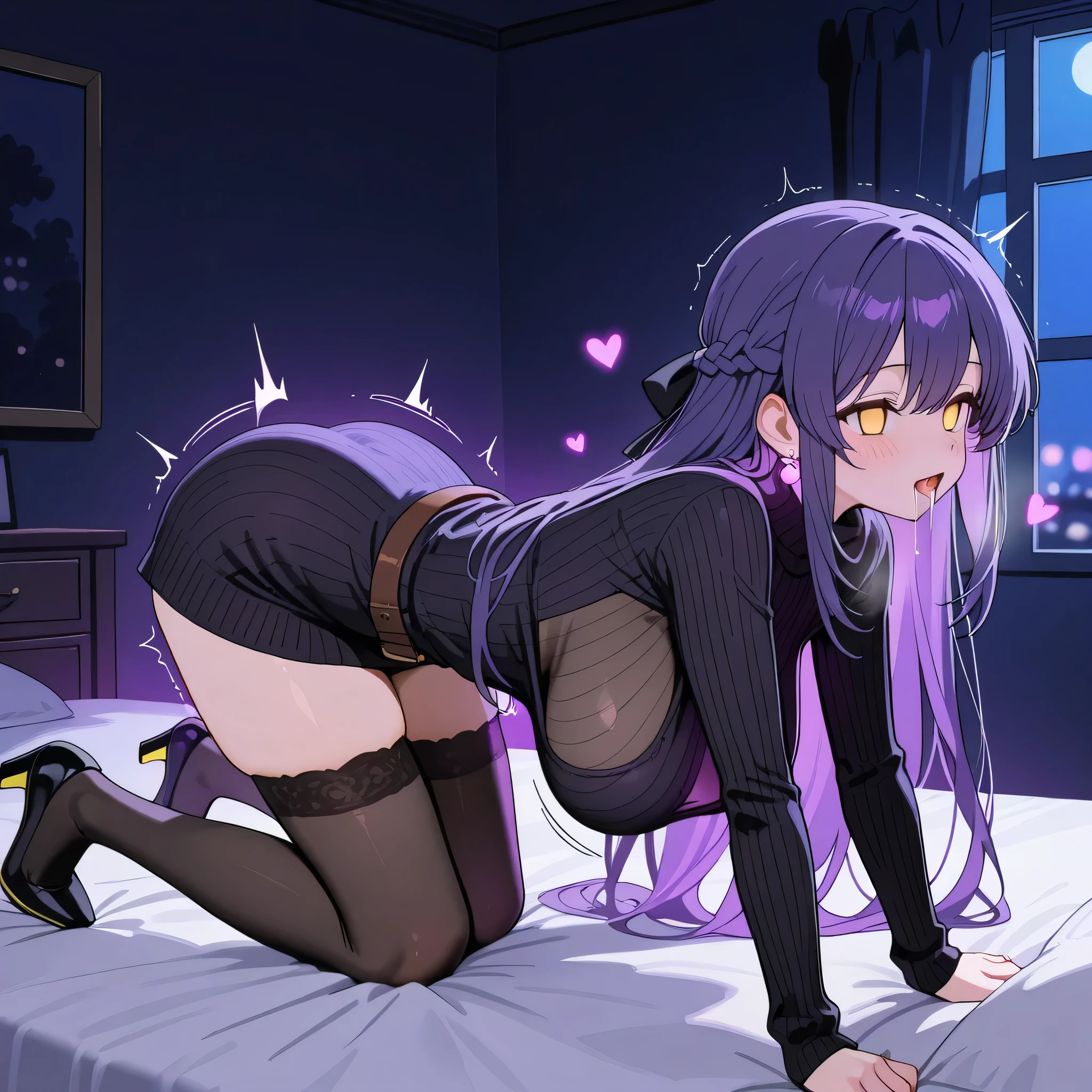 Fox Girl, Large Breasts, voluminous purple hair, masterpiece , Red eyes, hd, Head to Chest, buried in my chest、Underboobs、Double teeth,, On all fours on the bed