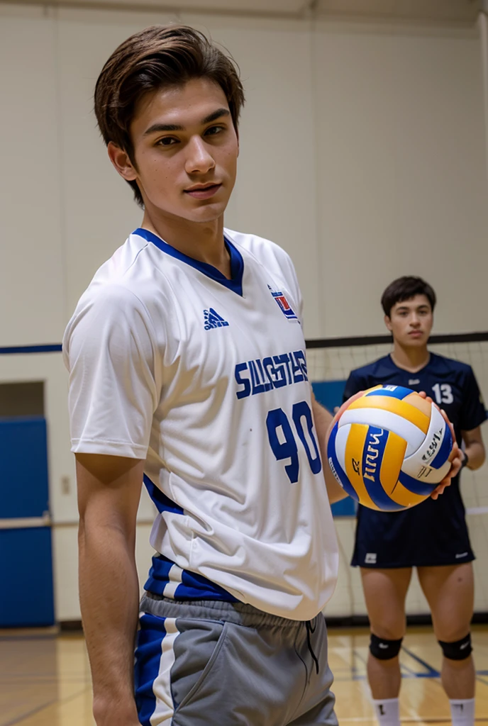 slim european boy, european pop idol, ((Volleyball national player)), ((top-quality, 8K, tmasterpiece: 1.3)), lock focus: 1.2, Handsome guy with perfect figure: 1.4, Detailed depiction of facial and skin textures, 詳細な目, skiny, Handsome face, Symmetrical face, whole-length, Thigh thick, Engraving installation, volleyball field,tight gymsuit