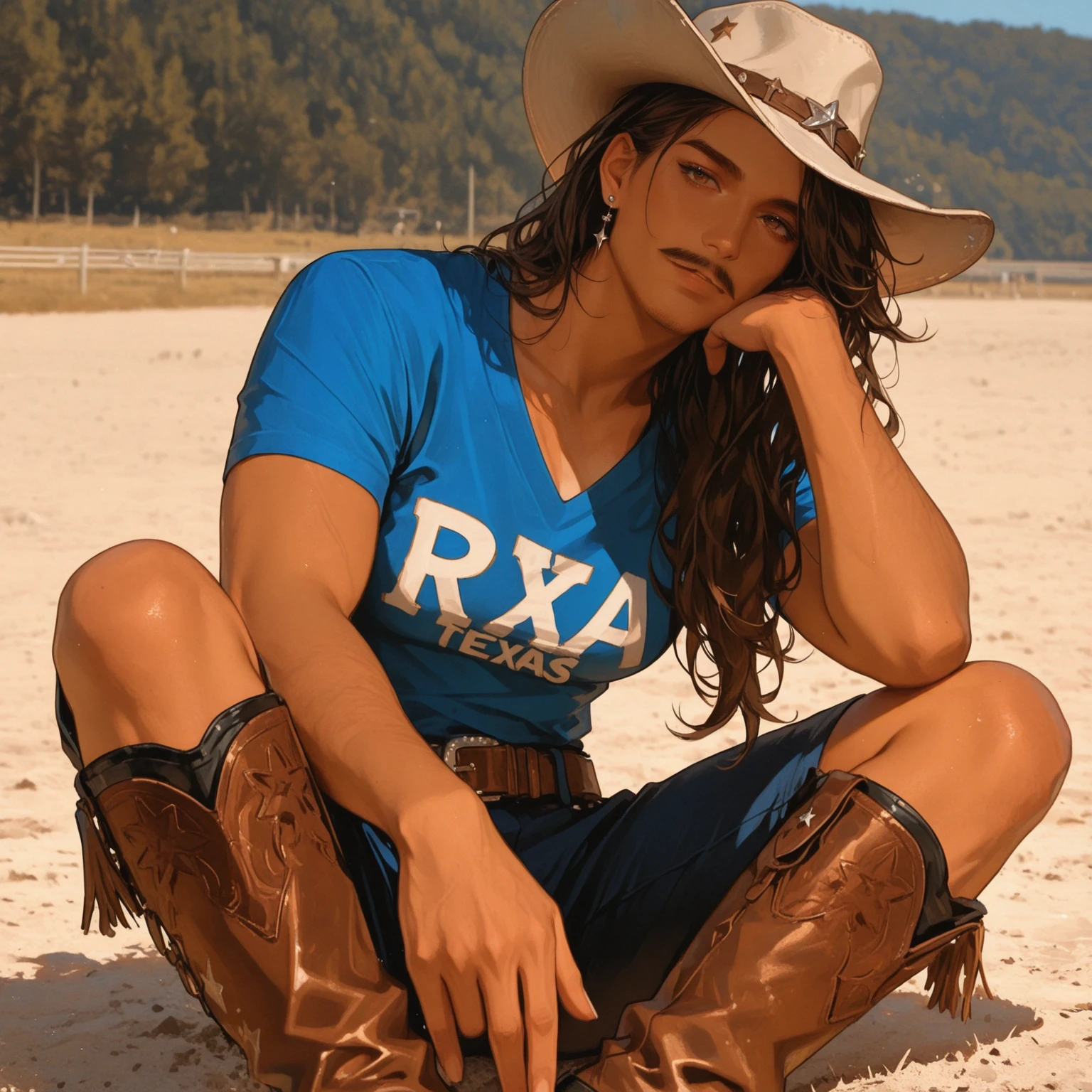 Mature with delicate wrinkles on the face, Angie Harmon looks leading, she only wears overknee boots in the color yellow, otherwise she is naked,  she is standing in a wooden camping toilet, she sits with her legs spread wide over the toilet
