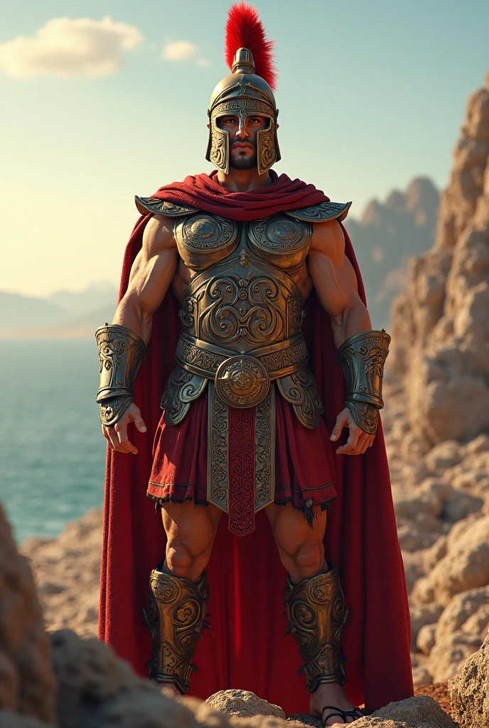 Muscular gladiator, upper body revealed, legs uncovered from thighs to feet, adorned with a beaded beard, flowing long curls, intricate muscular details, photorealistic artwork, 4K resolution. Background: Ancient Roman arena.,32k uhd, best quality, masterpiece, super detail, high details