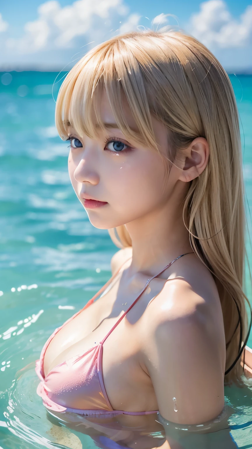On the beach,White vest,Exposing shoulders,((Tabletop)),(Realistically:1.2),最high quality,high quality,Absurd,Rich colors,Great art,最high quality, Super detailed,Beautiful details,20-year-old、Blonde beauty、Blonde Japanese、