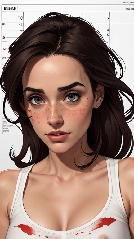 Character style illustration style Completely bare breasts showing a little fear Breast size Cartoon name: Isabella Cruz white background medium breasts freckled face Jennifer Connelly actress strong contours Physical description - long straight hair, tingidos de um marrom vibrante que contrasta com sua pele clara. - You reflect a mix of curiosity and determination. - Ela tem uma estatura alta, with a slender and agile figure, evidenciando sua agilidade e destreza. -fundo colorido Design de personagens de retrato, beautiful digital illustration, retrato de alta qualidade, Arte em quadrinhos, Corpo inteiro sensualizando ou pelada. folha de retorno. return sheet clothes of the day hellish day expression of hatred and blood on the face
