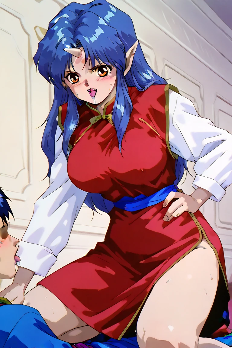 Beautiful girl Ranma 1 in red shiny long sleeve kung fu outfit/Ranma in 2 exposes her nipples