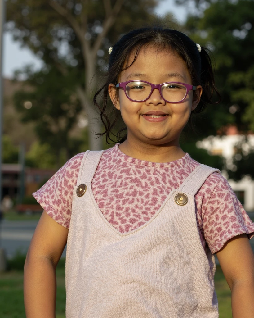 Brown skinned child,cabelo crespo cacheado , olho castanho claro ,wearing purple glasses,mochila rosa e branca ,sapato rosa, shorts jeans, camiseta amarela com flores