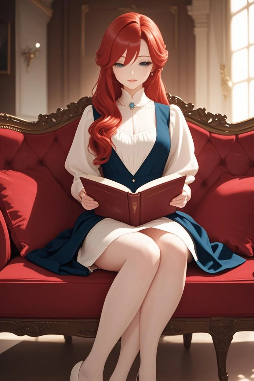 A redhead girl in green clothes sits in a beautiful armchair and reads a book against the backdrop of a bookshelf.
