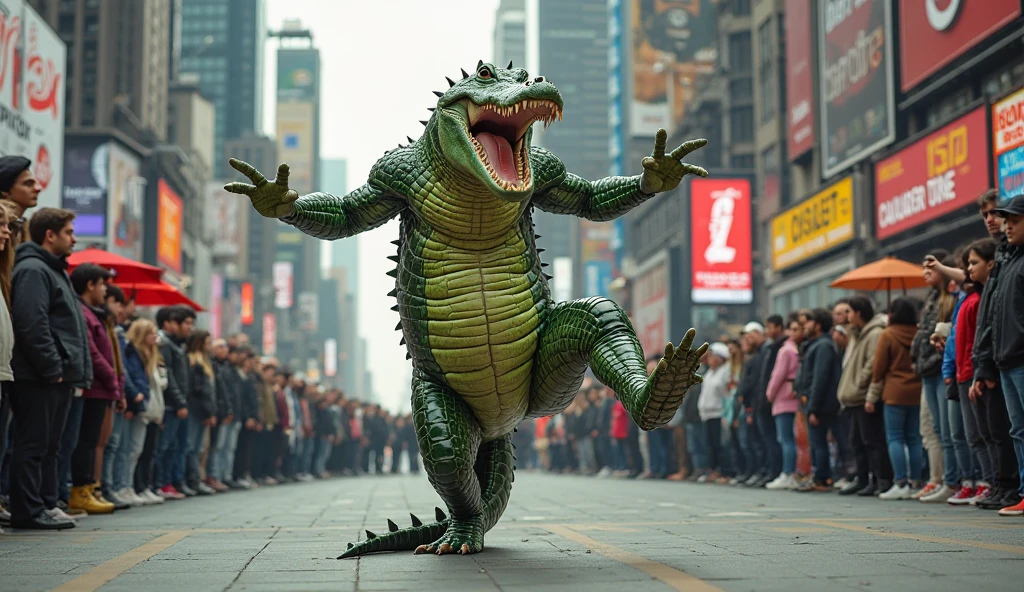 A Tyrannosaurus rex, walks through a ruined Downtown Bangkok, focus on its tiny clasping hands as it hunts Tik Tok women