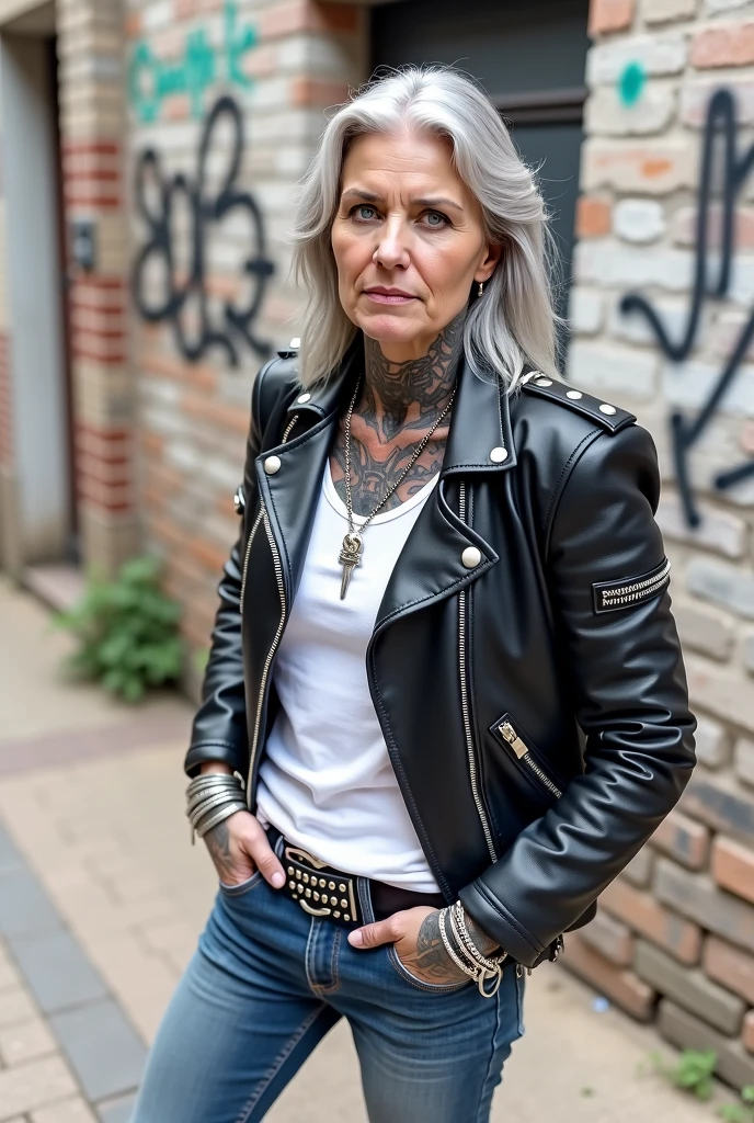 russian old milf woman, grey hair (top bun, shaved sides) and oversize sunglasses as headband, with very light blue eyes, extremely pale. Wearing studded cropped black moto jacket and white wedding dress . Lots of metallic bracelets and collars. Kneeling like in a payer, looking at the camera, humble facial expression. Hands on her knees,  knees separated.  thin neck, slim legs and thin arms. Tattoed heavily.  A lot of people around looking at her