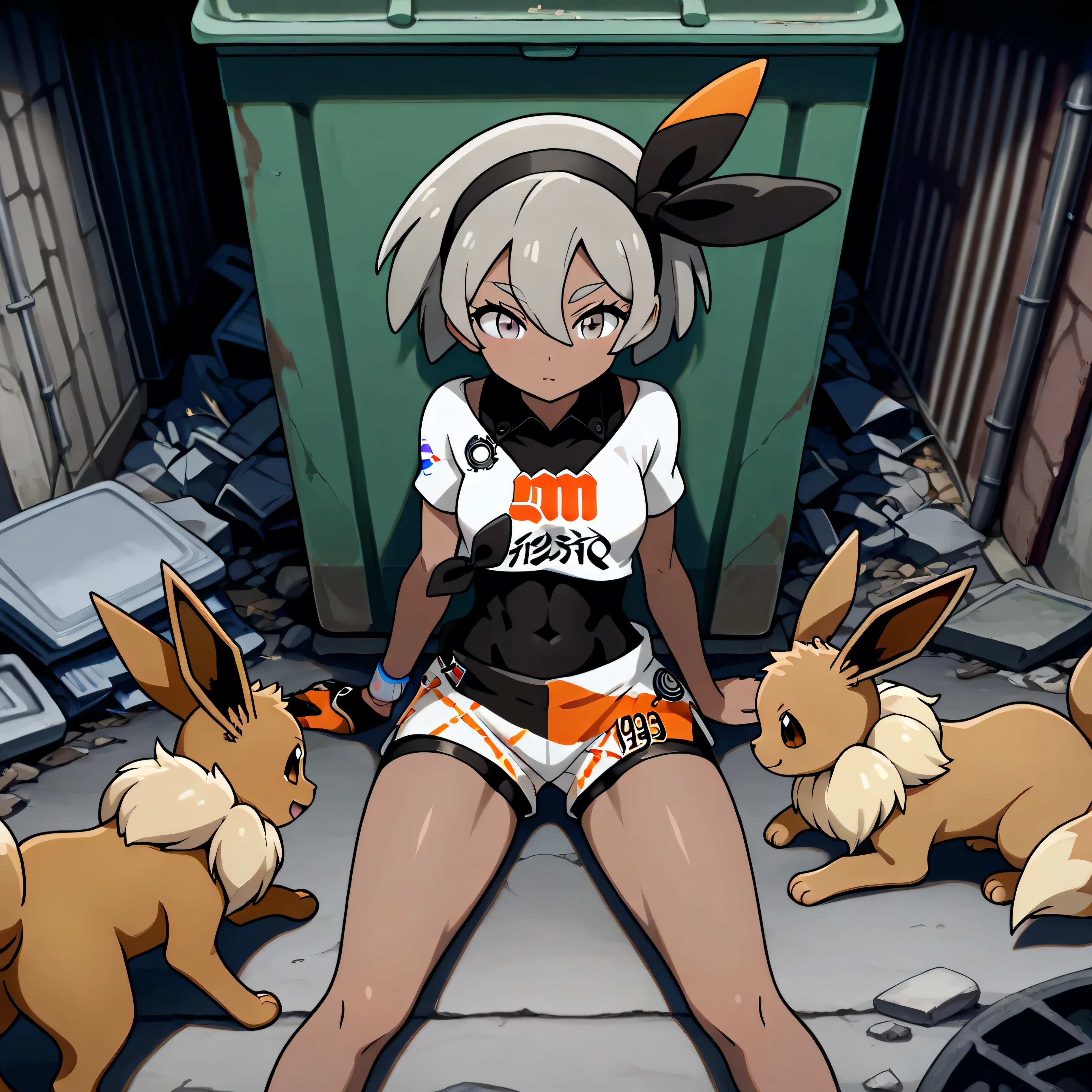 masterpiece, best quality, amazing quality, slums, urban, alley, rubble, trash piles, dumpster, 1girl, zzBea, grey eyes, grey hair, short hair, hair between eyes, black hairband, dark skin, crop top, print shirt, bodysuit, shorts, single glove, sitting, back against dumpster, passed out, BREAK, eevee, 6+ eevees, many eevees, furry male, large eevees, feral, quadruped, visible penises, knotted penises,