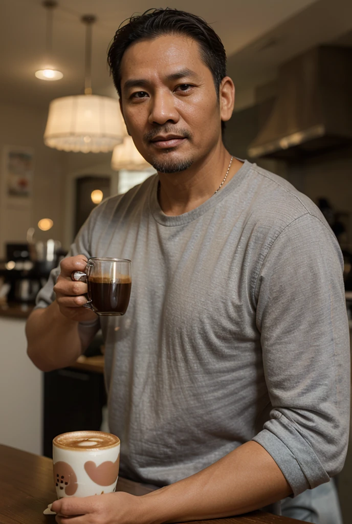 photorealistic, best quality, masterpiece, extremely detailed, very sexy, very homoerotic, extremely handsome, 30 year old muscular filipino man, full body tattoo, (muscular bodybuilder), (smiling), wearing only apron, holds out steaming cup of coffee towards camera, in kitchen, extremely romantic atmosphere, perfect face, perfect fingers, perfect hands, perfection