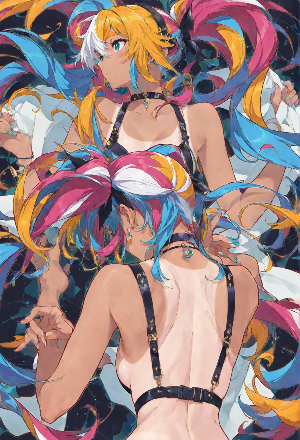 (masterpiece, top quality, best quality, official art, beautiful and aesthetic:1.2), (1girl:1.3, tight crop top leather suit), ((shy and looking at viewert)), (Perfect thick white eyebrows) Delicate fur, 详细s face, extremely detailed,(fractal art:1.2),colorful, highest detailed,(zentangle:1.2), (dynamic pose), (abstract background:1.5), (treditional dress:1.2), (shiny skin), (many colors:1.4), upper body