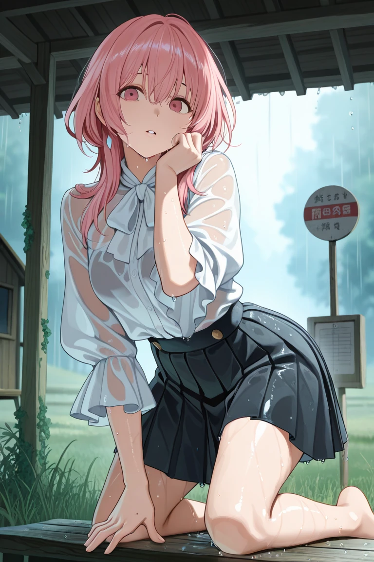 Magazine cover(masterpiece, best quality:1.2),woman,(((The eyes are delicate)))((Wet clothes)),Pink underwear,outdoor,rain(8K)(HD)