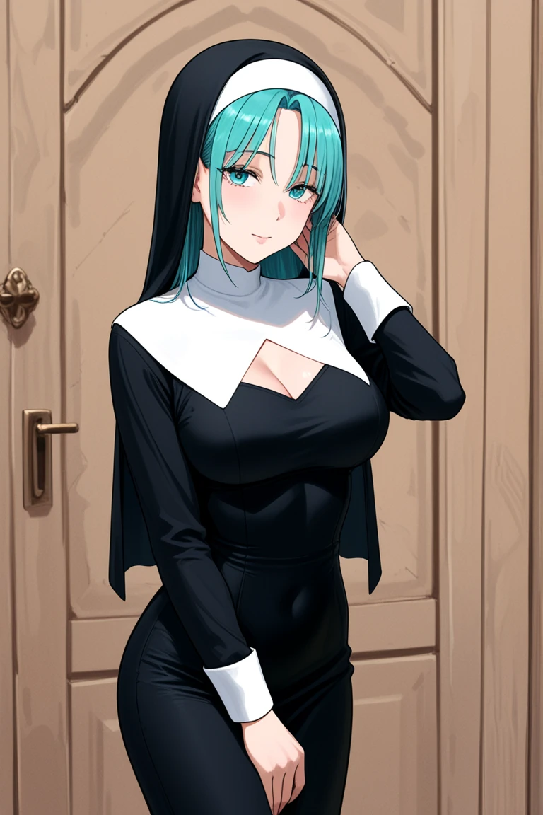 NSFW, masterpiece, (best quality: 1.2), long hair, blue eyes, green hair, worns, big breasts, evil_smile, sexy, ((NUN)), red lipstick, ((seducing a boy: 1.5)), fishnet stocking, cum shot, woman being groped by a boy