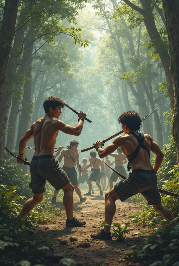 Two handsome, beautiful, young men with fair skin and soft features. One is thin and the other has muscles. They both have short hair and are shirtless in a jungle cutting firewood with an axe. There is a house behind them in the middle of the jungle. 