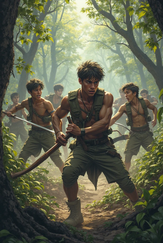 Draw a group of warrior men from the enchanted forest. These warriors are small, but their bodies are muscular and firm. They use leaves, twigs and tree bark to create clothes that blend seamlessly with the environment. They are masters at camouflaging themselves and move silently like the animals of the forest. Sunlight streams through the trees. The image should convey courage, strength and determination while capturing the beauty of nature and the magic of the enchanted forest.