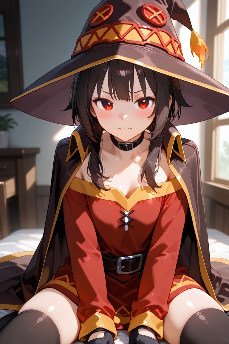 1 girl,masterpiece,small tits,(top-quality),sitting on,(Megumin),Big witch's hat,