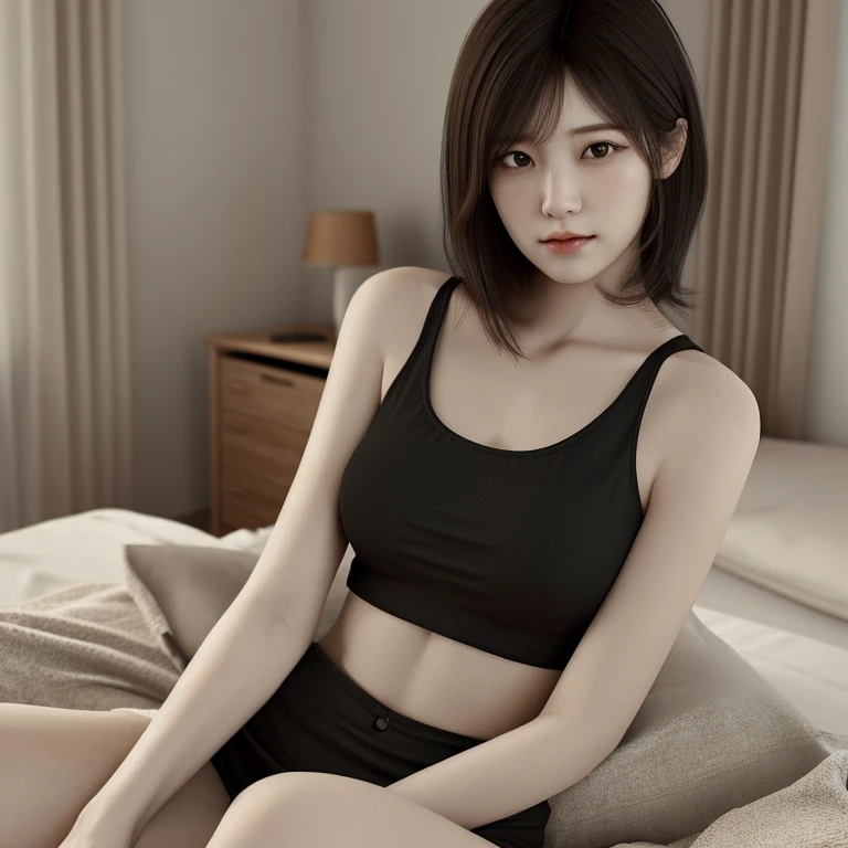 Best Quality 8k Beautiful Girl Lying on Back on Wide Bed Black Underwear Short Cuts Slender Sexy Beautiful Tits Small Tits Short Hair