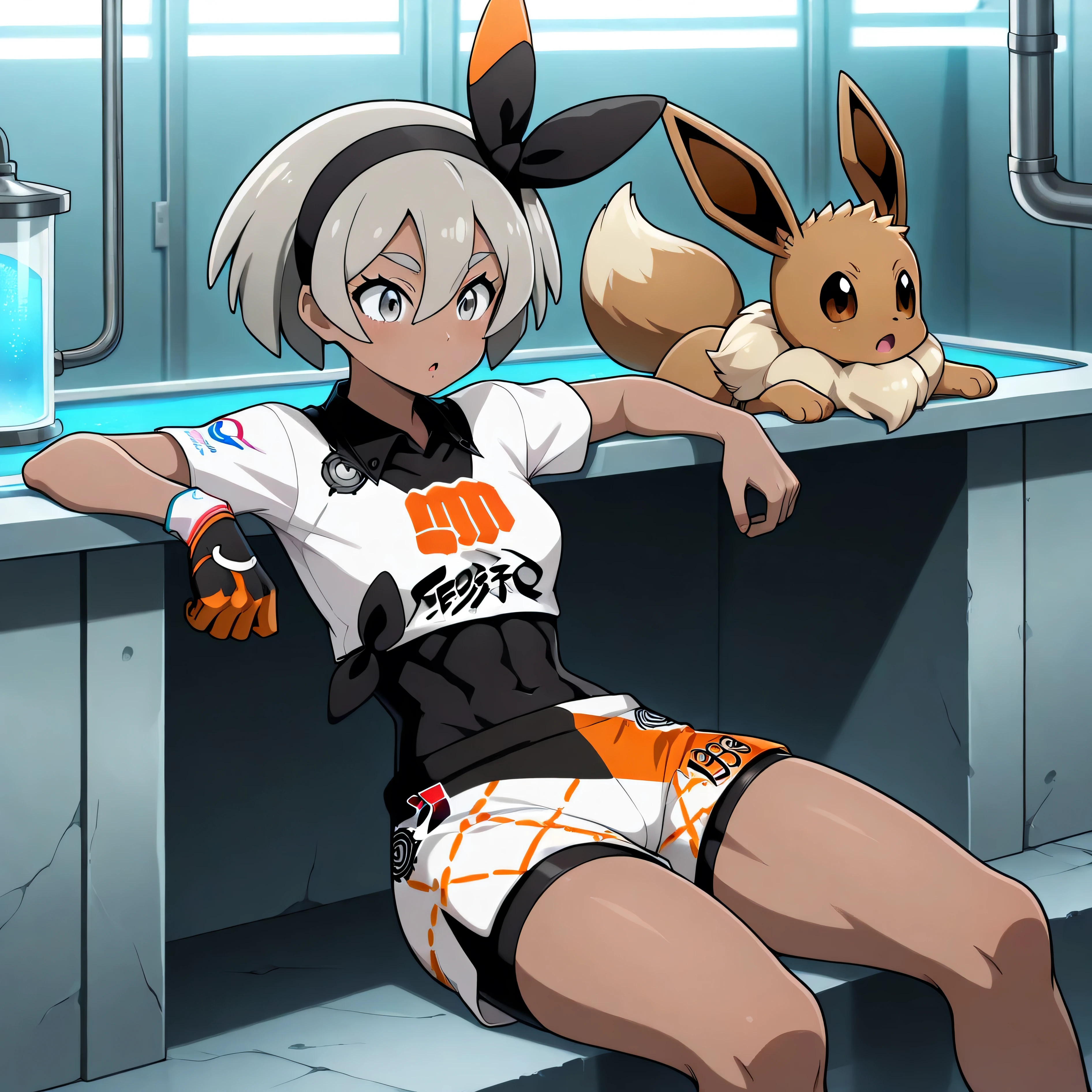 masterpiece, best quality, amazing quality, laboratory, 1girl, zzBea, grey eyes, grey hair, short hair, hair between eyes, black hairband, dark skin, crop top, print shirt, bodysuit, shorts, single glove, sitting, back against dumpster, surprised, pinned down by eevee, BREAK, 1boy, couple, eevee, anthro, furry male, visible testicles, visible penis, dog penis, knot, pinning zzbea down, on zzbea chest,