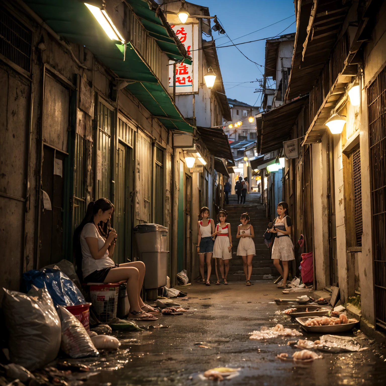 
((masterpiece、Highest quality))、Beautiful girls gather.、Girl in summer clothes、Realistic texture、(Poor conditions、Dim and unsanitary、Crumbling underground shopping mall)、屋台のdiet店、(Detailed and cute face:1.3)、stage、sewage、Dirty shop、street vendors、Unsanitary and abandoned city、smile、diet、Poor person々