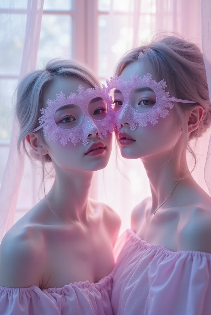 2 girl, alicia vikander needed, short shoulder length hair with pink hair, wearing light pink lingerie where her breasts are visible, wearing a black mask