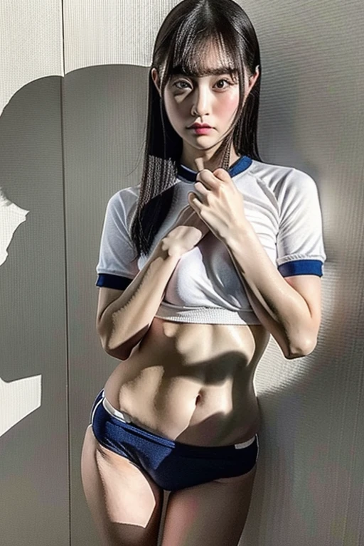 1 girl,Japanese,25 yo,(Slender body:1.2),(athlete:1.2),Black short twintail hair with blunt bangs, BREAK ((track & field competition uniform)), BREAK, masterpiece, best quality, ultra quality, high quality, realistic, photo realistic, RAW photo, hyper detailed, intricate detail,(gym storeroom:1.3),cinematic lighting,(teary eyes),(blushing:1.3),beauty,girl,photorealistic,(standing),(small breasts), (no bra),(nipples poking through clothes),