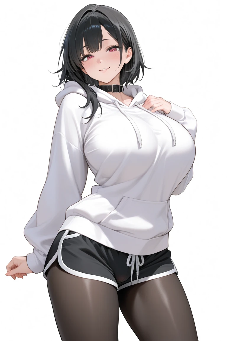 1girl, spiked hair, very short hair, yellow eyes, tan, tan skin, tan-skinned female, black hair, pixie cut, large breasts, hourglass figure, thick thighs, smile, smirk, smug, toned, white shirt, jacket, sneakers, black jacket, shirt, short pants, shorts, standing, full body