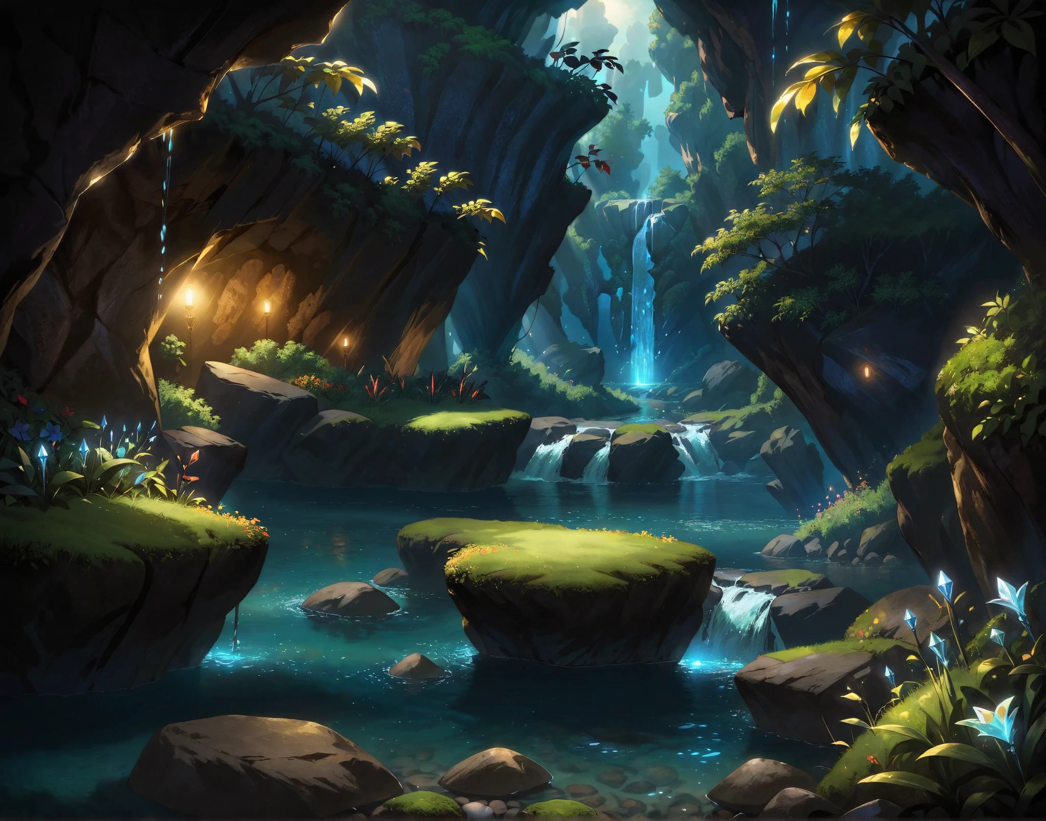 ((landscape)), (((underground))), cave, ((forest)), crystals, blue atmosphere, floating light orbs, river, ((bushes)), ((grass)), rocks, pebbles, cliffs, waterfall, majestic, masterpiece, dynamic lighting, cinematic lighting, best quality