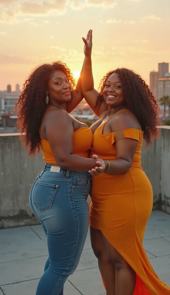 two fit busty black women, standing in wearing leather braces highly detailed skin, detailed hands with five fingers, sharp focus, rooftop background,braided hair,enamored smile