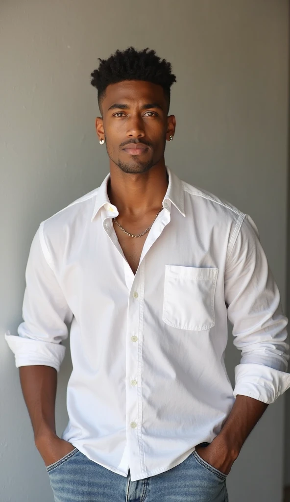 "A 1.73m tall, muscular black man with short, straight hair stands confidently. He wears a high-waisted black tailored pants and a white long-sleeve dress shirt with the top buttons open, revealing his well-groomed chest hair and a gold chain. His short hair is styled elegantly, and he exudes a strong, masculine presence with a distinct Mexican style."