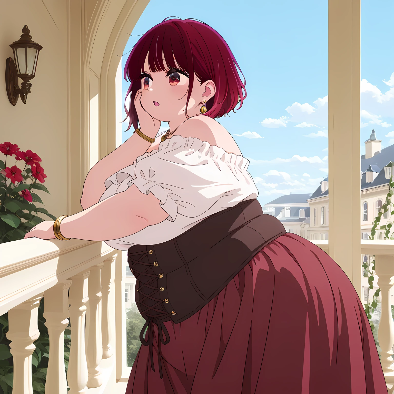 high resolution picture, masterpiece, best quality, amazing quality, official art,  kana arima, 1girl, red eyes, red hair, short hair, small breasts,                  (flat colors, pastel colors)       ,   BREAK (curvy),      messy hair,detailed eyes, gold earrings, dangling earrings, hair behind ear, white blouse, off-shoulder blouse, bare shoulders, puffy short sleeves, victorian fashion, renaissance style, corset skirt, red skirt, gold necklace, gold bracelets, green gemstone, leaning on balcony, marble balcony, hand on cheek, romantic gaze, looking away, relaxed pose, blue sky, fluffy clouds, flowering vines, red flowers, sunlit scene, european architecture fat, chubby, obese, gigantic arms and legs, large breasts open mouth, out of breath, from side, pov belly,