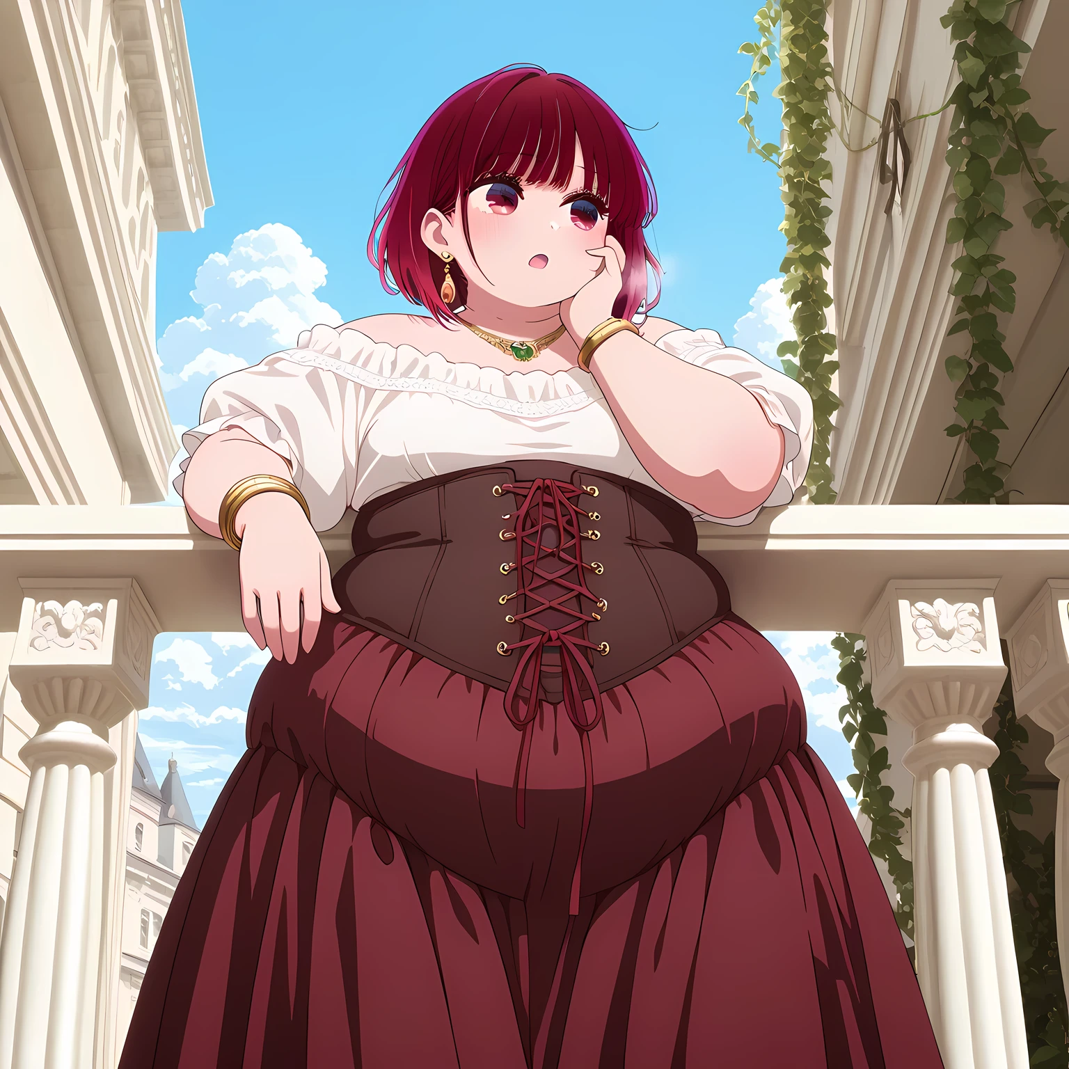 high resolution picture, masterpiece, best quality, amazing quality, official art, kana arima, 1girl, red eyes, red hair, short hair, small breasts, (flat colors, pastel colors) , BREAK (curvy), messy hair,detailed eyes, gold earrings, dangling earrings, hair behind ear, white blouse, off-shoulder blouse, bare shoulders, puffy short sleeves, victorian fashion, renaissance style, corset skirt, red skirt, gold necklace, gold bracelets, green gemstone, leaning on balcony, marble balcony, hand on cheek, romantic gaze, looking away, relaxed pose, blue sky, fluffy clouds, flowering vines, red flowers, sunlit scene, european architecture fat, chubby, obese, gigantic arms and legs, large breasts open mouth, out of breath, from below, pov belly,