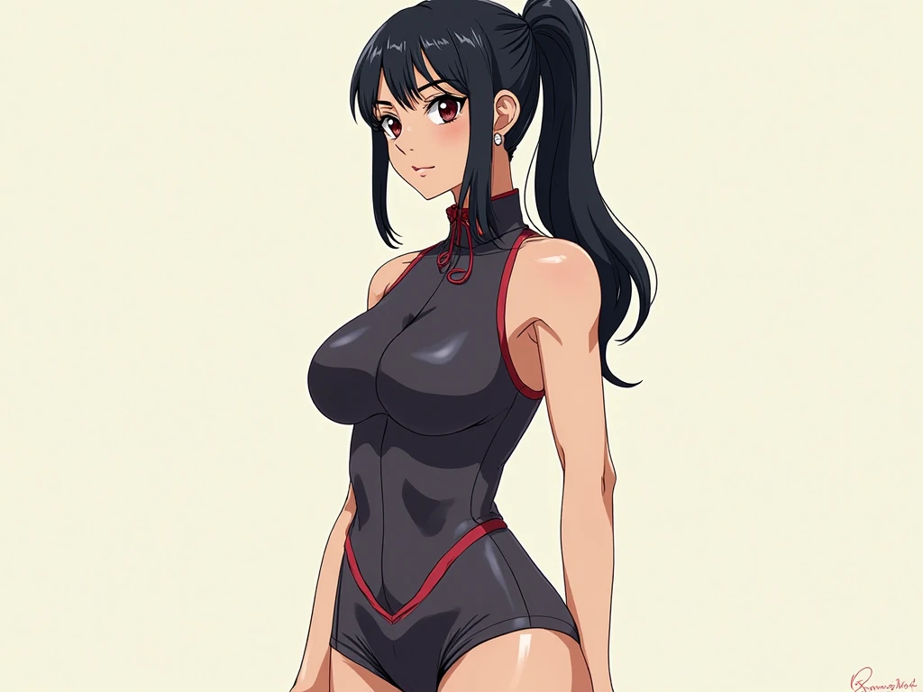 masterpiece, highest quality, High resolution, Full body image of a girl,saw 2, blue eyes, black hair, Low twintails and short cut, medium breasts, frown,blush, 1 girl, Black tight suit,streak,place both hands on hips, looking at the viewer。black quagmire,Wandering in the swamp