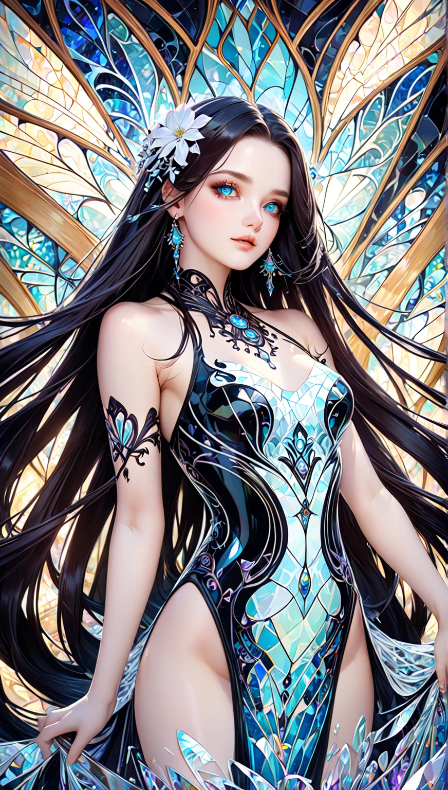A beautiful girl, look to the viewer, full body, amazing art dress, long hair, art crown, diamond necklace, detail face, detail body, RAW photo, Masterpiece, High resolution, 8K ,