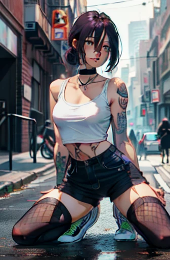 belly button piercing, full body shot, (very detailed background:1.0), (highly detailed background:1.0), (Masterpiece), High Quality, 1girl, woman, tattoo, irezumi, depth of field, dynamic lighting, high quality shadows, black crop-top, reze, purple hair, black shorts, ear piercings, sity, black fishnet tights, black high top sneakers, perfect face, green eyes, black choker