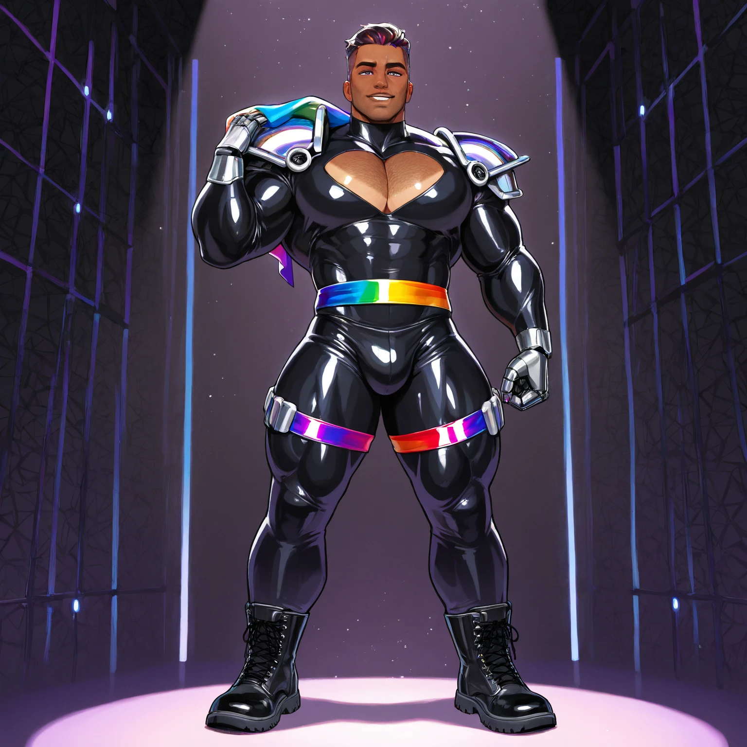 a handsome hot male gymnast in yellow and purple thong  jump, background neon lights and a gymcenter