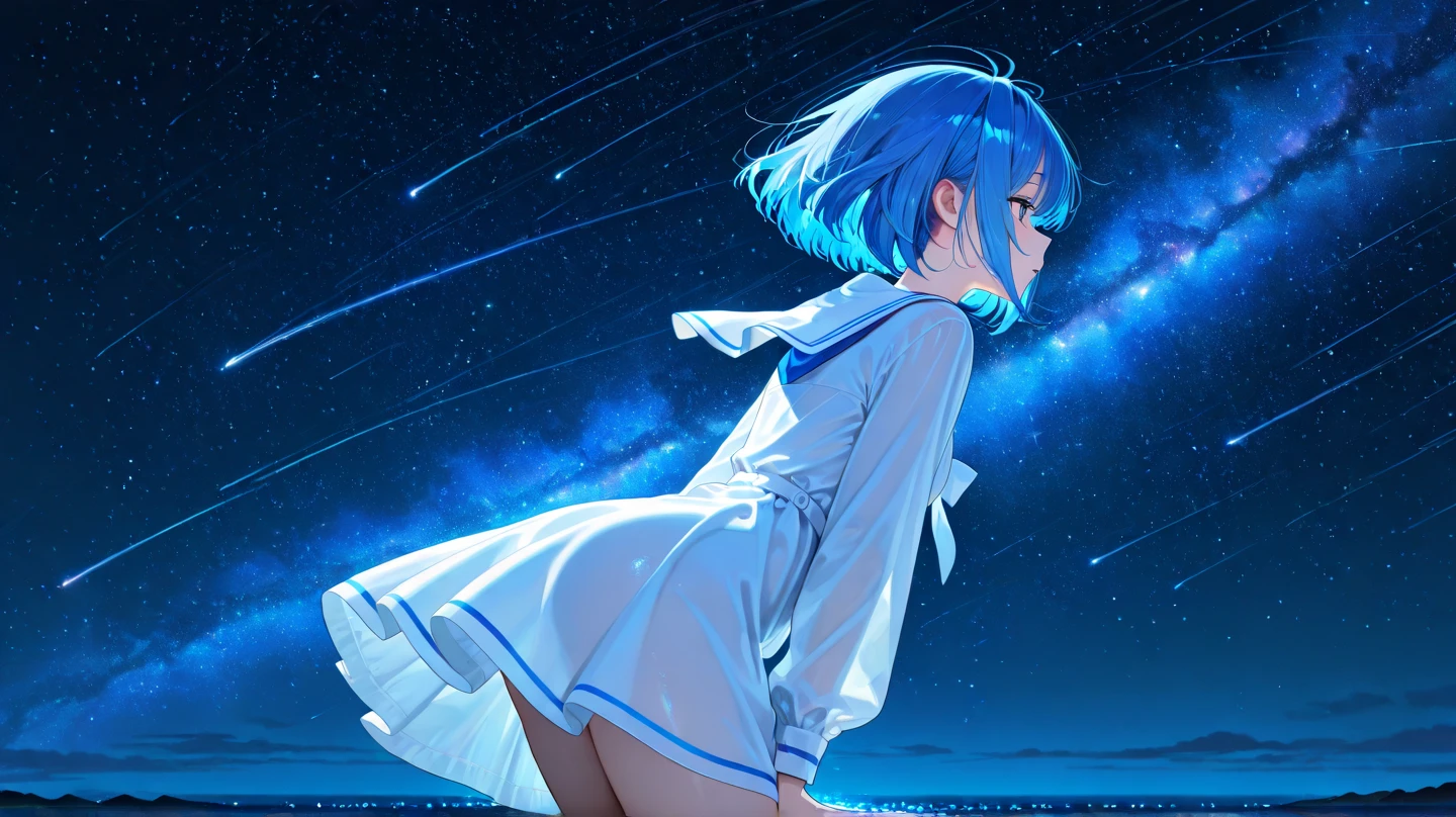 high resolution,(incredibly absurdres), (hires.fix:1.3),anime visual,extremely detailed CG unity 8k wallpaper, ((masterpiece)), ((top-quality)), (beautiful illustration), ((an extremely delicate and beautiful)), 1 cute girl ,((looking up milky way)), cowboy shot,from back, (from below) ,school uniform, floating skirt, (panties), ((background star-filled sky)), pale blue hair, blue eyes