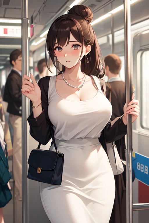 ((masterpiece)), ((best quality)), (ultra-detailed), ((kawaii)), cute, (lovely), ((sexy)), ((extremely detailed)), 4K, (8K), best quality, (beautiful), in the middle, on the train, daytime, summer, a pretty woman, solo, miniskirt, beautiful black hair, beautiful brown eyes, ((beautiful eyes)), white-skinned,long ponytail, swept bangs,lip, large breast, earrings, necklace, smile,parted lips,standing